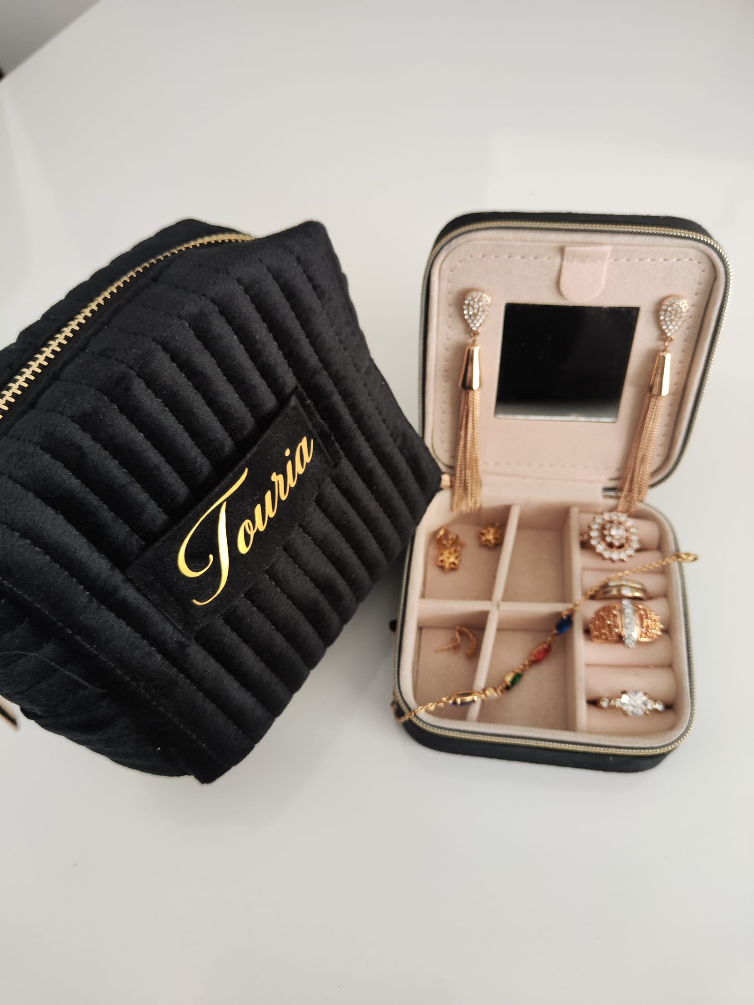 Ensemble tousse maquillage + trousse bijoux en velours